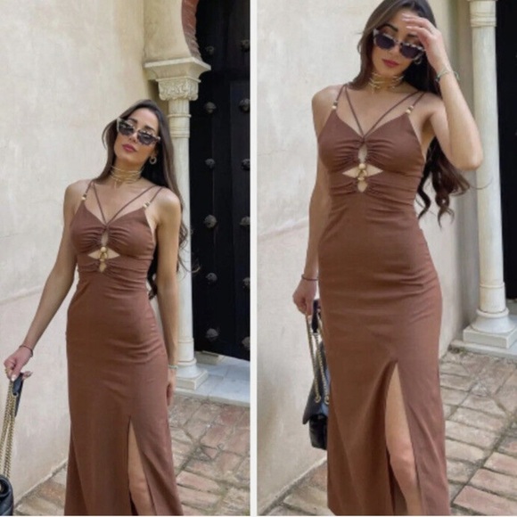 Zara Women Rustic Camisole Midi Brown Dress Size Small. Linen Blend - Picture 3 of 14